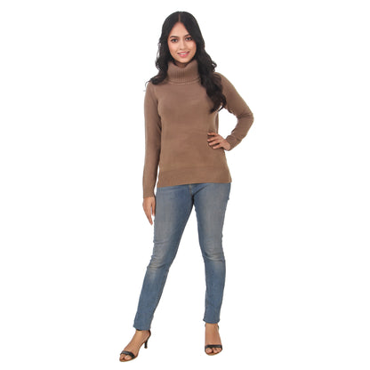 High Neck Formal Women Acrylic Blend Brown Sweater