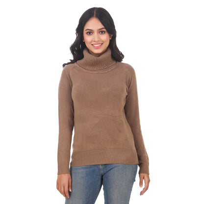 High Neck Formal Women Acrylic Blend Brown Sweater